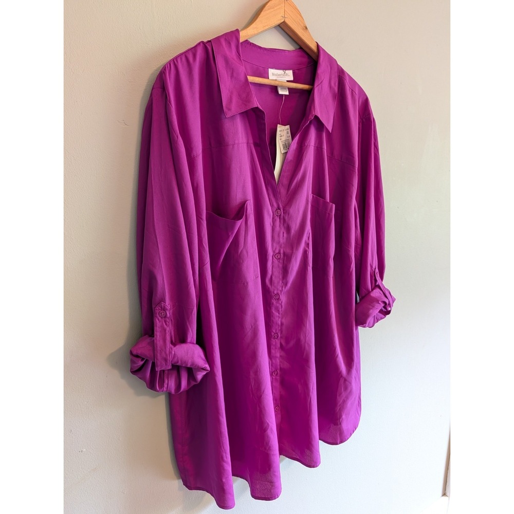 Motherhood Maternity Plus Blouse Button Up Long Sleeve Roll Tab Fuchsia Career - Picture 4 of 12